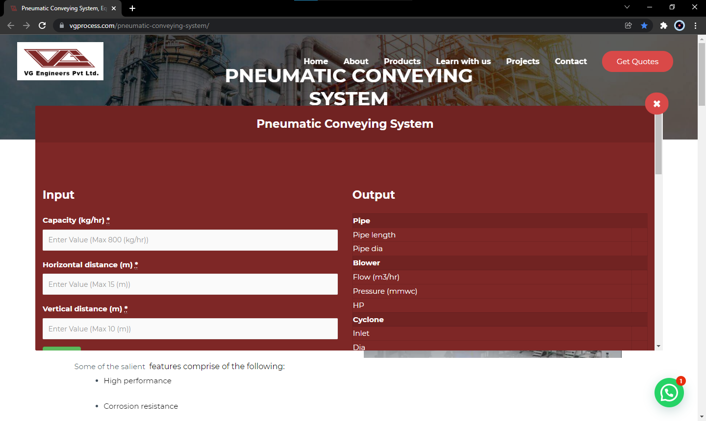 VG Engineers free tool for pneumatic conveying system
